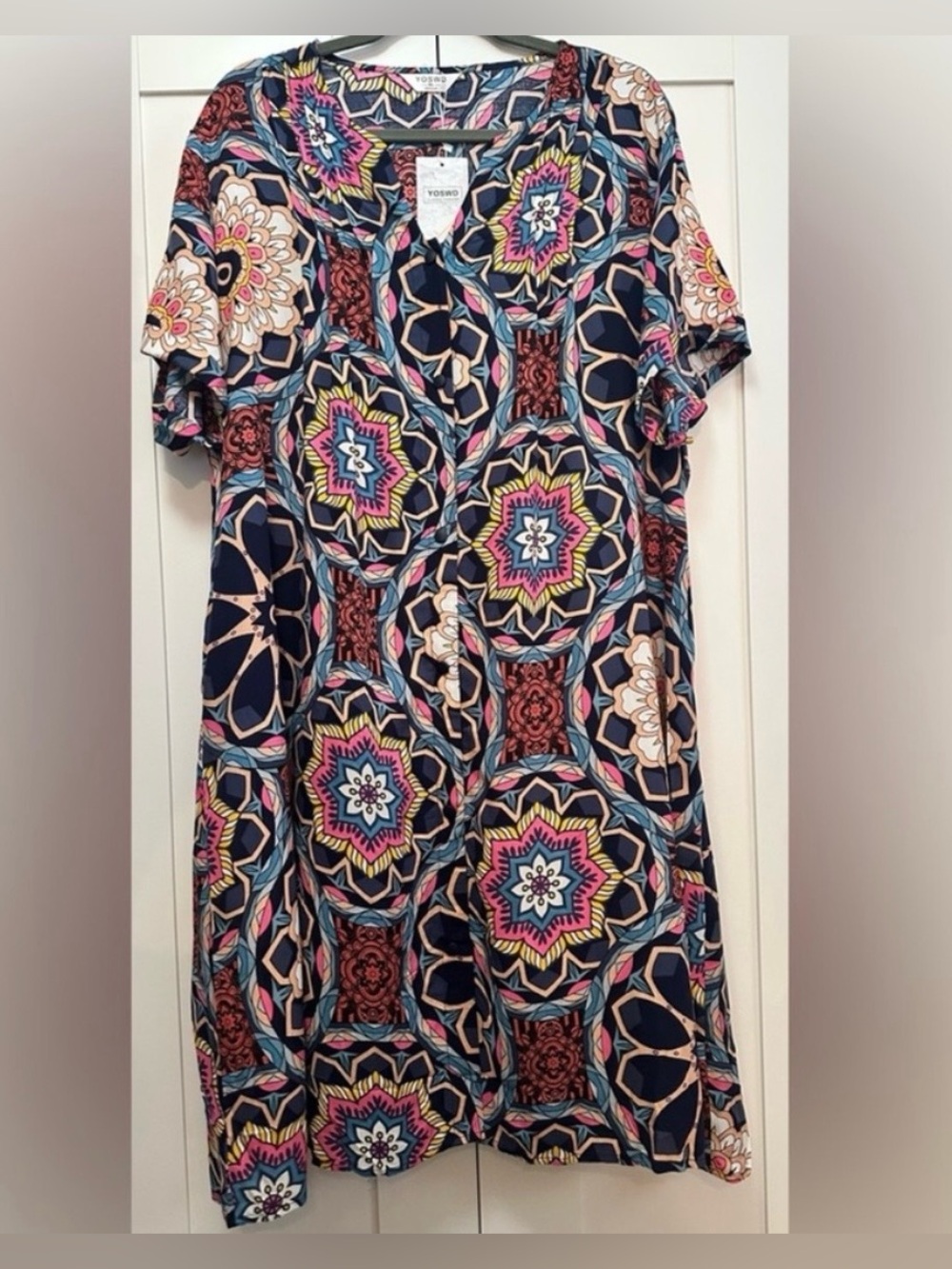 Shirt Dress With Snap Front Multi Geometric Print And Cuff Sleeves Sz XXL NEW!